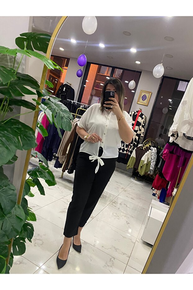 Önden bağlamalı Krep gömlek - 7