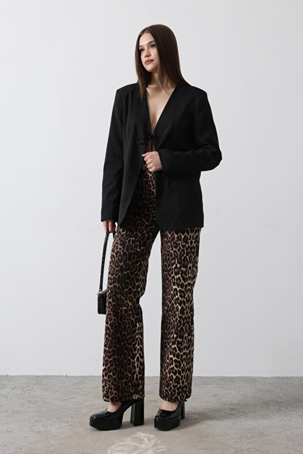 Tie Front Blazer Jacket - Black - 3