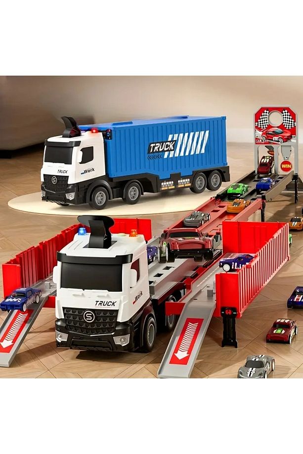 Geniş Çift Katmanlı Park Yolu  Alaşımlı Araba Taşıma Kamyonu Seti, 8 Alaşımlı Yarış Modeli İçerir - 4