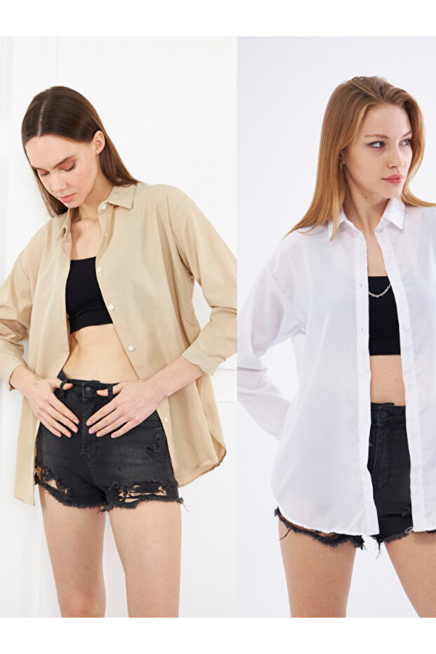 Kadın Beyaz-Bej Oversize Uzun Basic Gömlek - 1