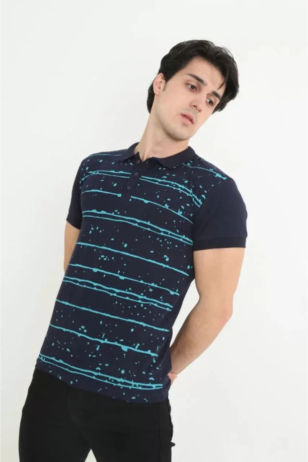 Men's Slim Fit Pique Striped T-Shirt with Collar - Navy Blue