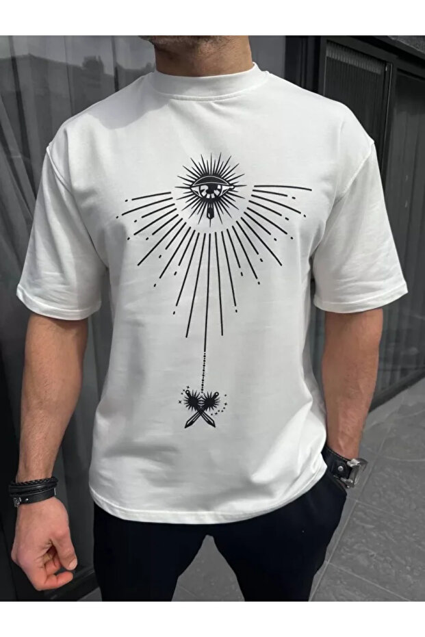 Unisex Crew Neck Printed Oversize T-Shirt - White
