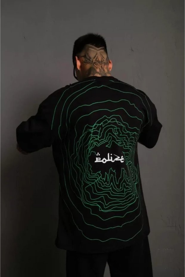 Men's Crew Neck Back Printed Oversize T-Shirt - Black