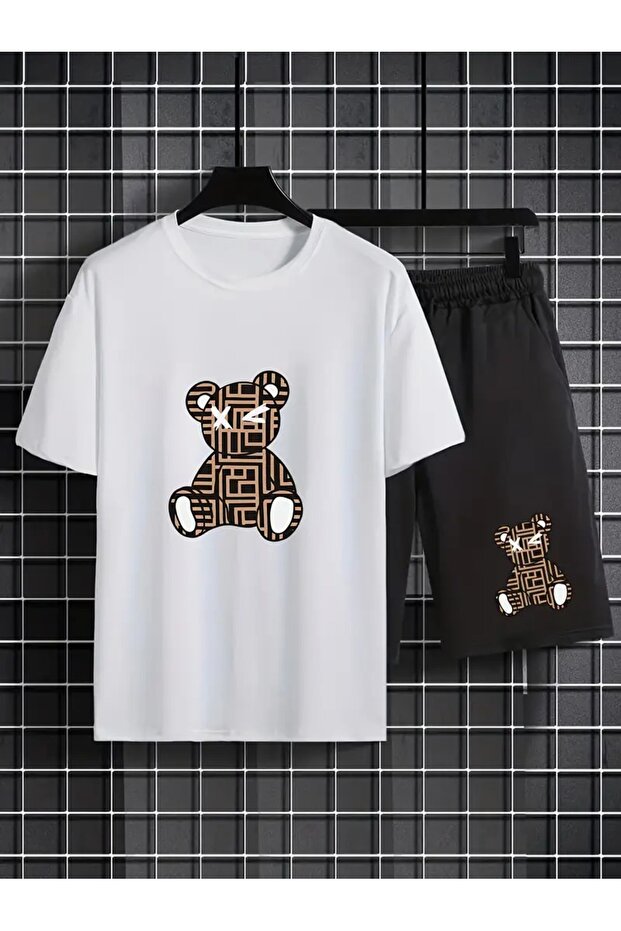 Cute Bear Printed Men's 2 Piece Casual Outfit Set, Short Sleeve T-Shirt & Shorts Outfits,