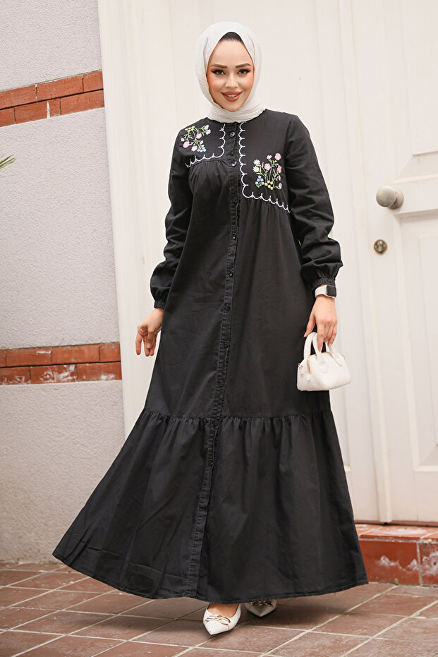 Buttoned Black Hijab Denim Dress 19147S
