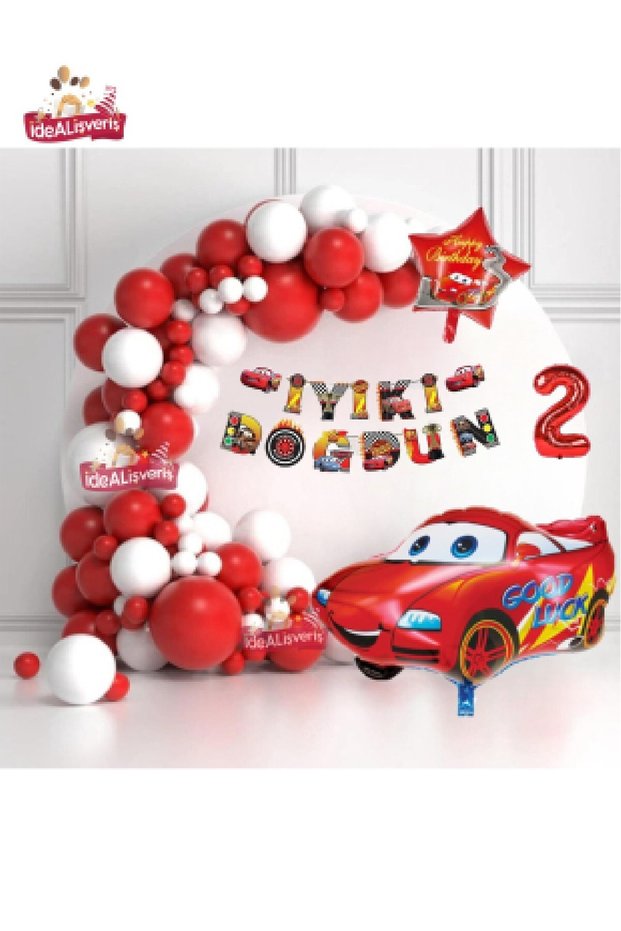 White Red Concept Birthday Party Set Ornament with Car Banner and Red Car Star Foil Balloon