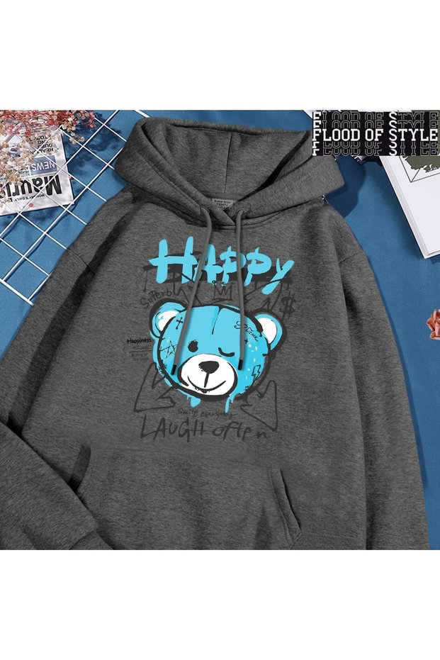 Hip Hop Harajuku Vintage Style Fun Blue Happy Bear Clothing Gray