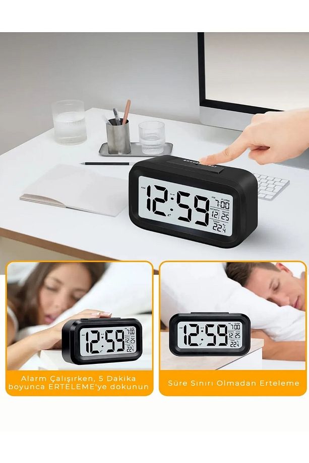 Dijital Alarmlı Masa Saati Led Ekran Pilli Çalar Saat siyah - 5