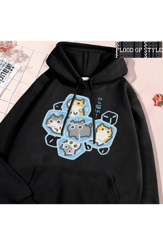 Hip Hop Harajuku Vintage Style Ice Cat Fun Black