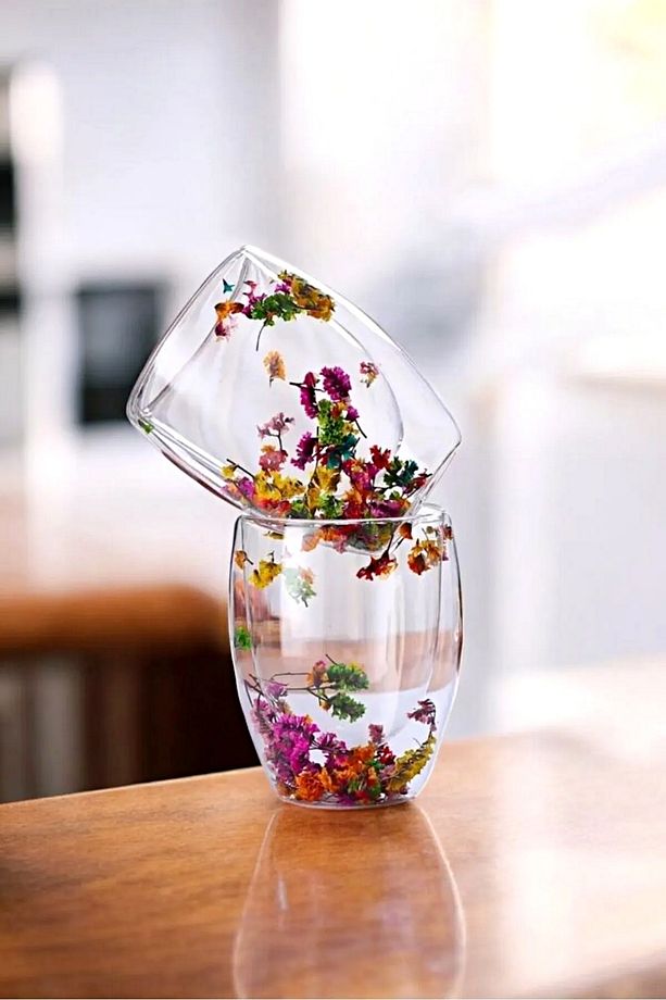 2'li Çift Cidarlı Flower Cup 250ml Çiçekli Bardak Kahve Çay Bardağı El Yapımı Cam Bardak Seti - 3