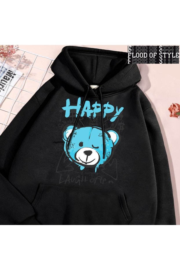 Hip Hop Harajuku Vintage Style Fun Blue Happy Bear Clothing Black