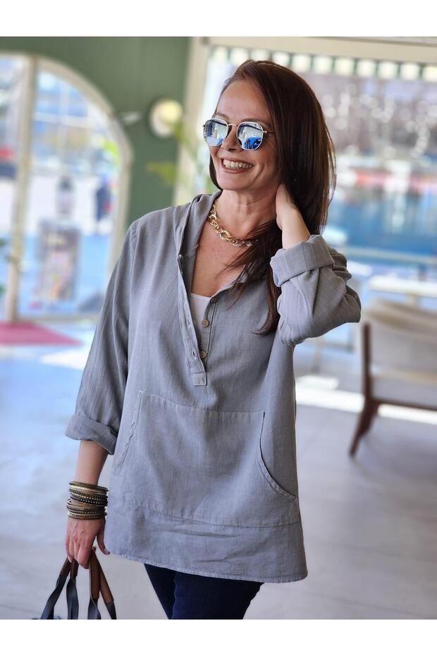 FELİX13401 Kapüşonlu Kanguru Cep Gri Cotton Bluz - 2