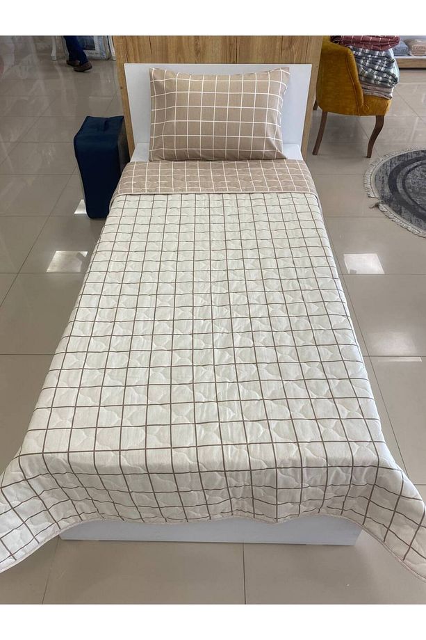 Çift Taraflı Tek Kişilik Kapitoneli Yatak Örtüsü Bej Zincir - 2