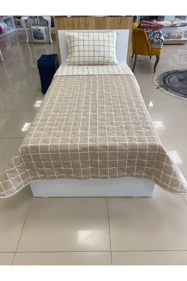 Çift Taraflı Tek Kişilik Kapitoneli Yatak Örtüsü Bej Zincir - 1