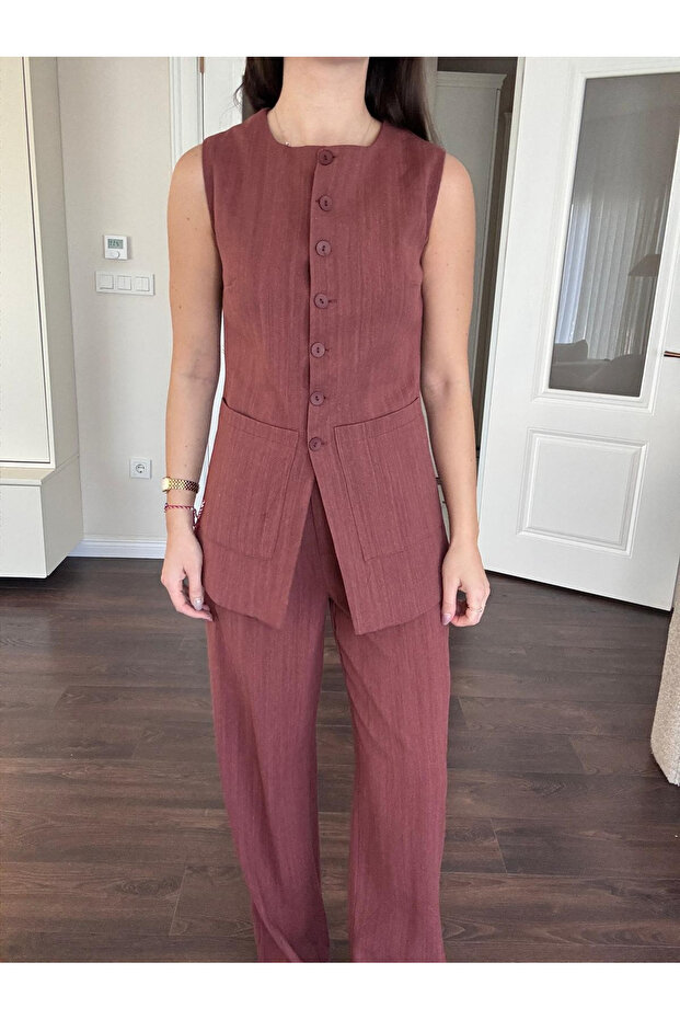 Tile Double Pocket 100% Cotton Vest Trousers Set - 8602