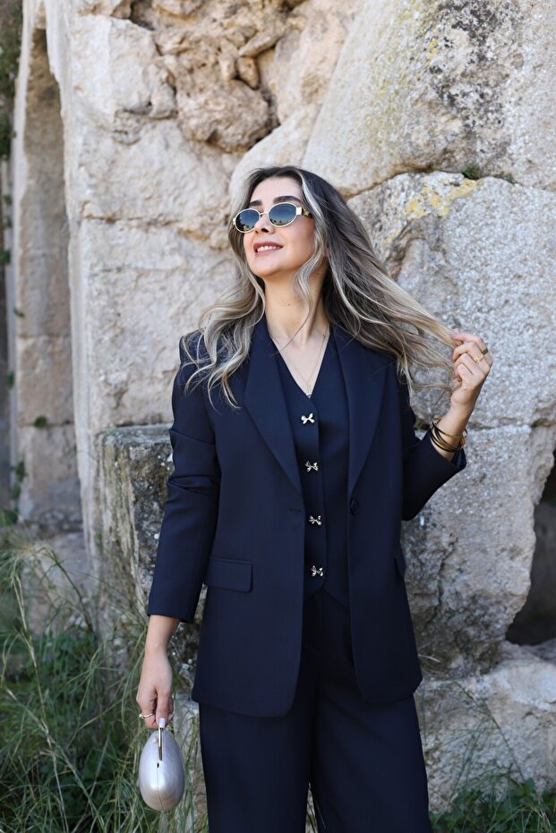 Navy Blue Back Button Detail Blazer
