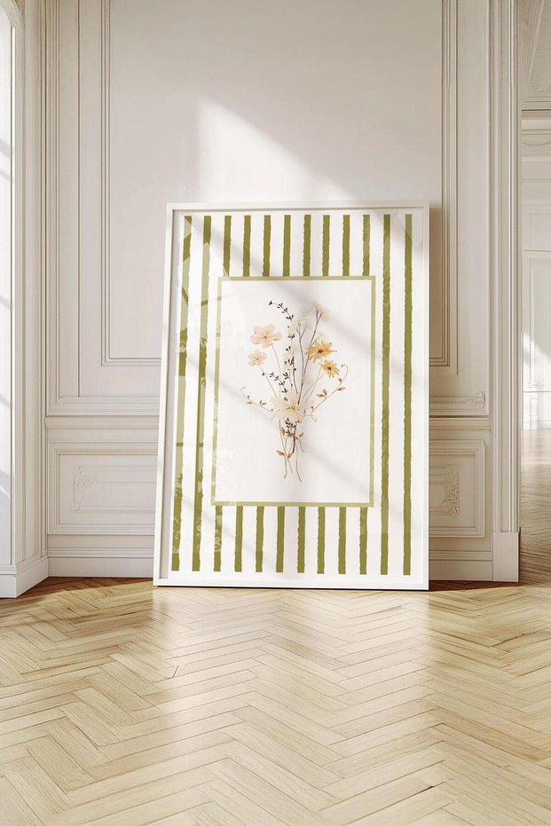 Vintage Green Stripes Premium Painting with Frame: Nostalgic Botanical Elegance