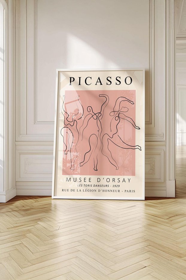 Framed Picasso Minimalist Dance Painting: the Elegance of Lines and Modern Art Signature