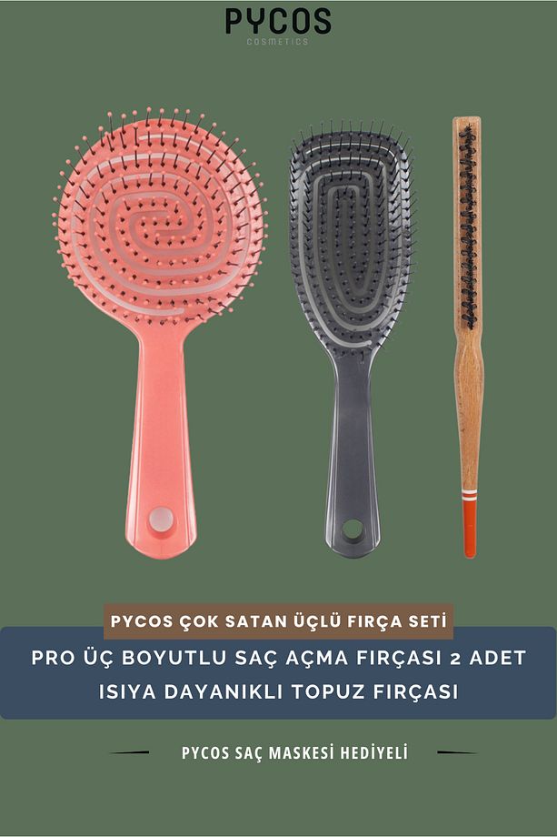 FIRÇA SETİ 3' LÜ, PRO OVAL SAÇ AÇMA FIRÇASI + SAÇ AÇMA + TOPUZ FIRÇASI - 1
