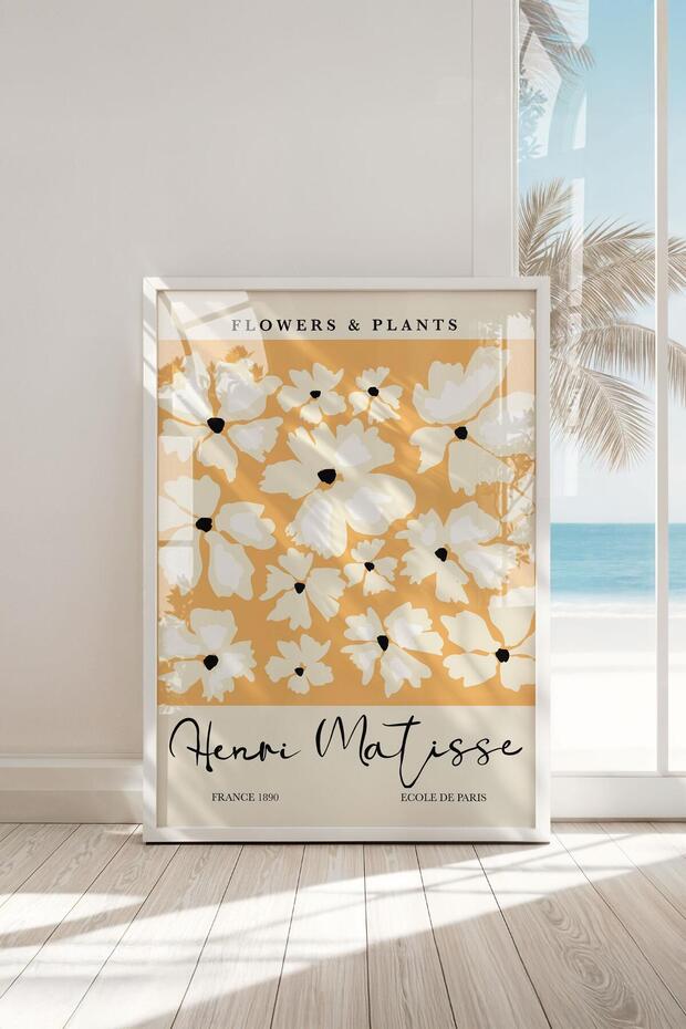Framed Matisse Orange Background White Flowers Premium Painting: Parisian Elegance and Botanical Breeze