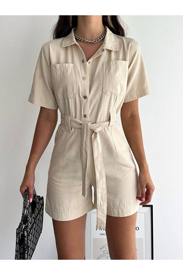 Belted Short Sleeve Herringbone Salopet