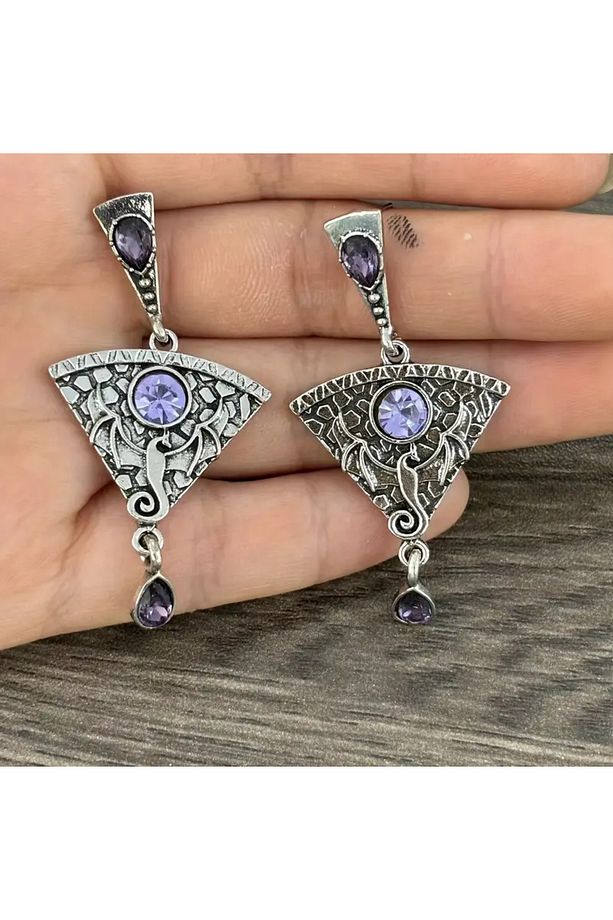 Mor Taşlı Antik Ejderha Desenli Asılı Küpe Kabilenin Takıları Vintage Gotik Punk Bohem - 3