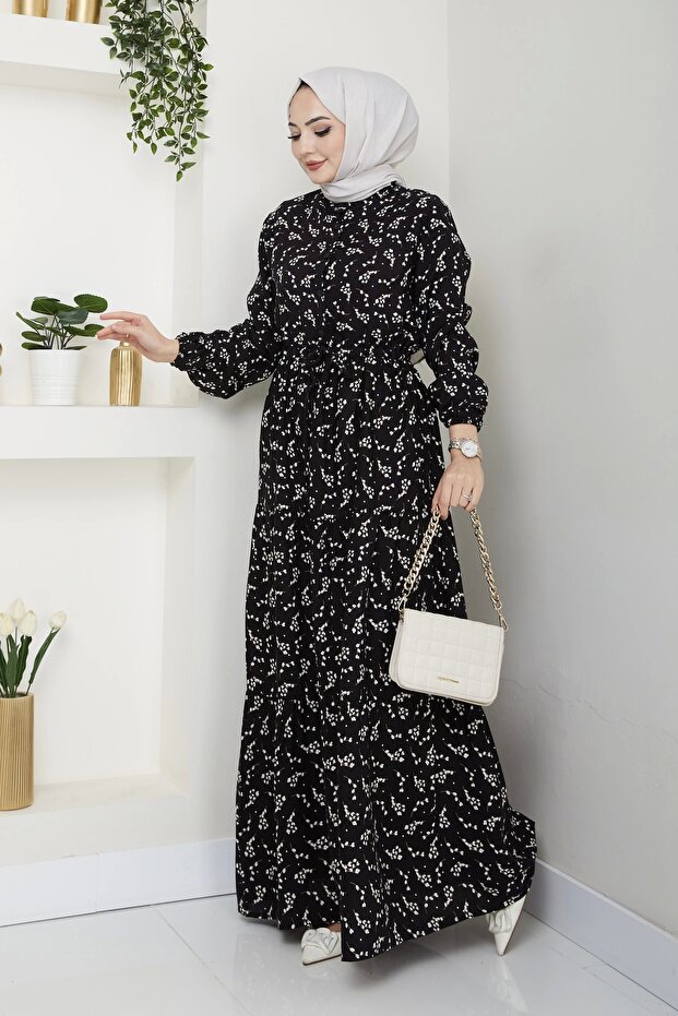 فستان فيسكوز منقوش بأوراق شجر - أسود / E0125 - 2