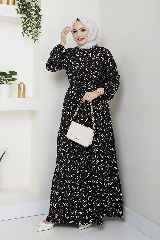 فستان فيسكوز منقوش بأوراق شجر - أسود / E0125 - 1