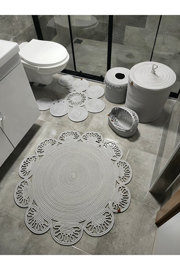 Jute, Bathroom Set, Bathroom Set, Bath Mat, Mat Set, Makeup Basket, Trash Can, Toilet Seat Mat