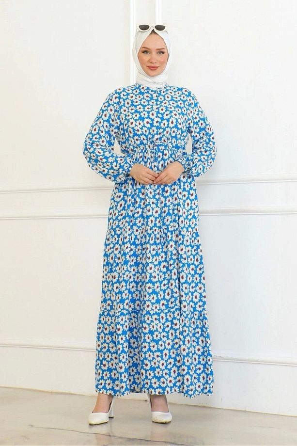 Çiçek Desenli Önü Bağlamalı Elbise / Mavi - 4
