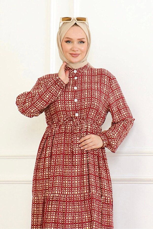 Desenli Viskon Elbise -Kiremit - 5