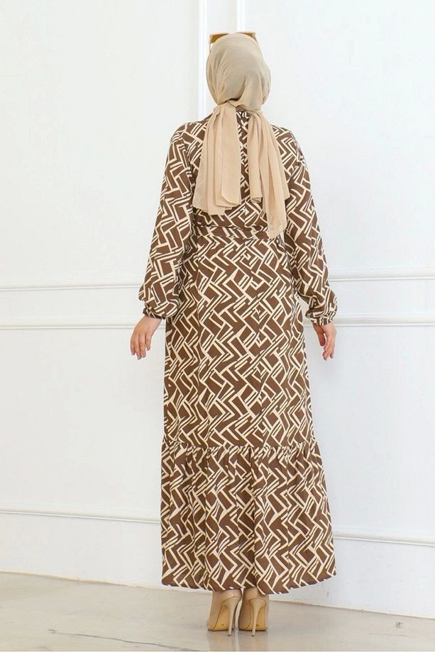 Çizgi Desenli Elbise - Taba - 5