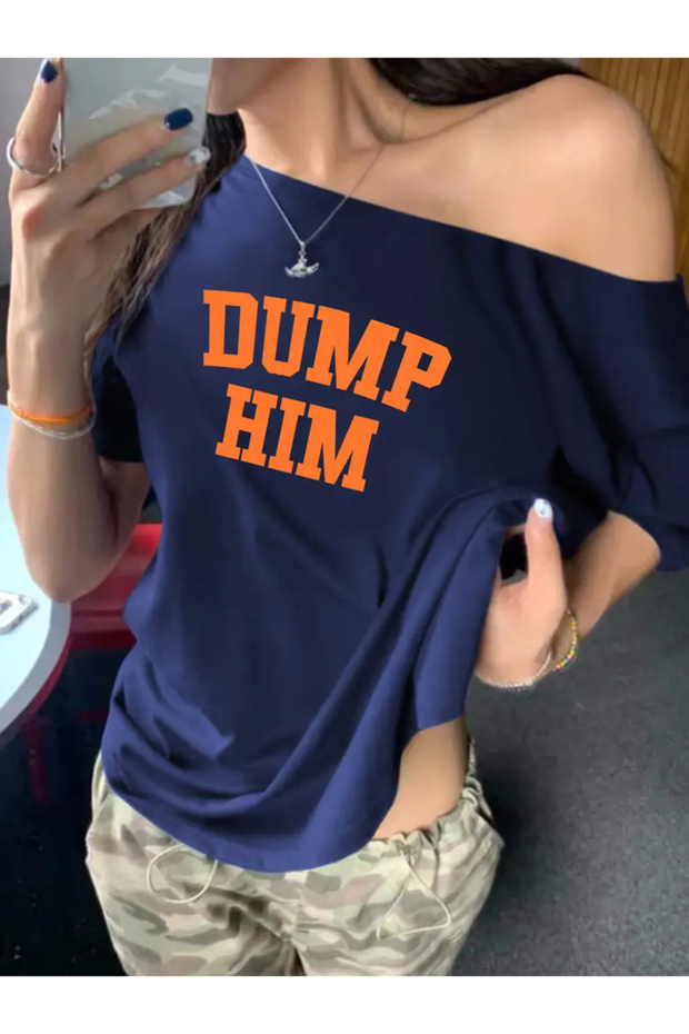 Plus Size Women's Off Shoulder Boat Neck Dump Him Printed T-Shirt