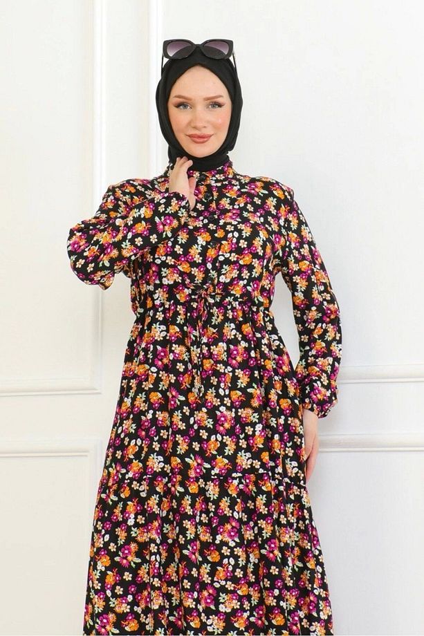Çiçek Desenli Bağlamalı Viskon Kumaş Elbise - Turuncu/Pembe çiçekler - 3