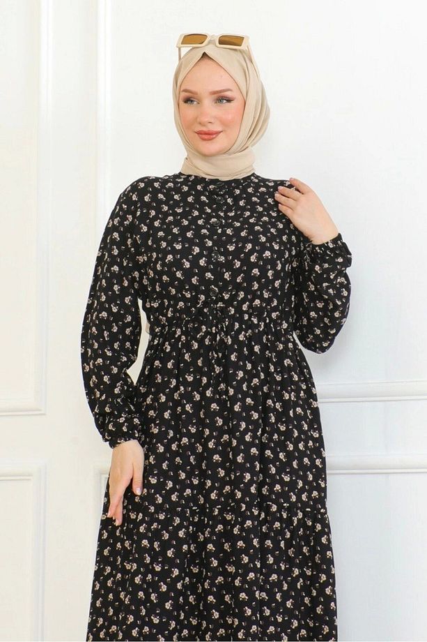 Gül Desenli Viskon Elbise - Kahve - 5
