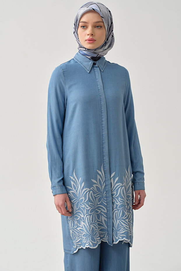 Nakışlı Tunik - İndigo - 1