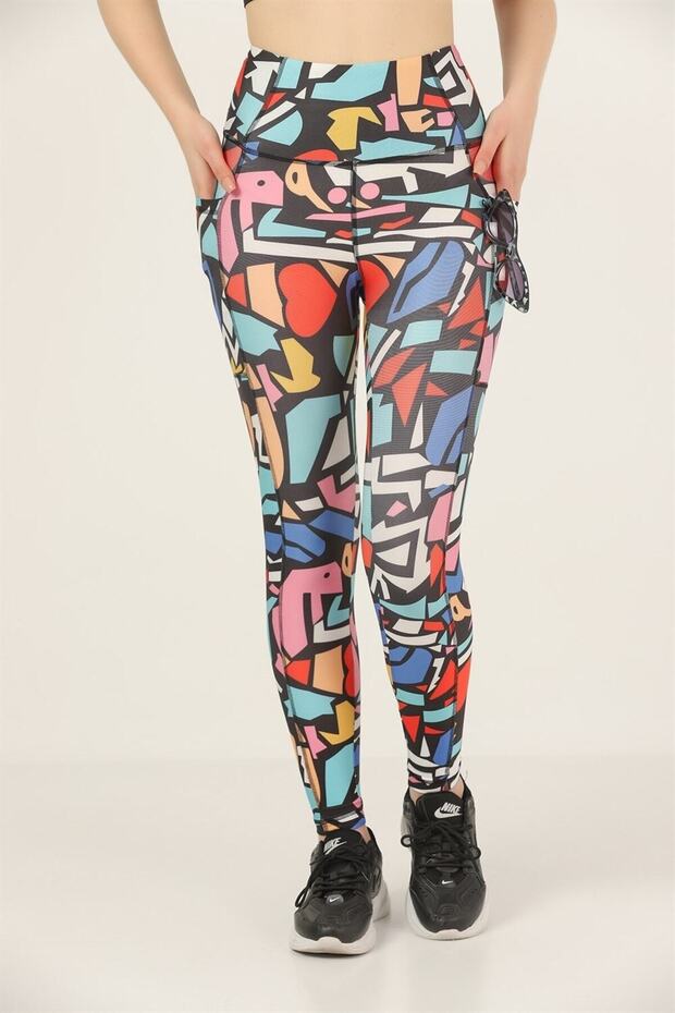 Women's Sports Leggings High Waist Double Pocket Red - Geometric Digital 1058