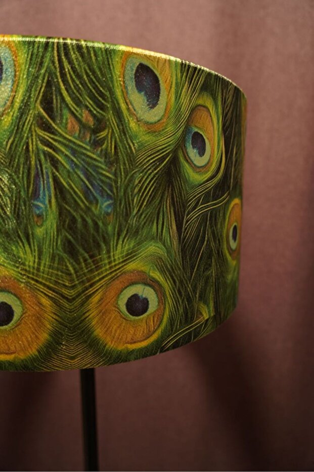 Siyah Ayaklı Baskılı Yeşil Kuş Gözü Kumaş Lambader Tek Ayaklı Dekoratif Salon Yatak Odası - 3