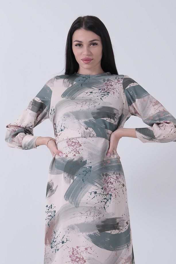 Fırça Darbesi Desenli Modern Şık Elbise Zümrüt 0807769 - 6