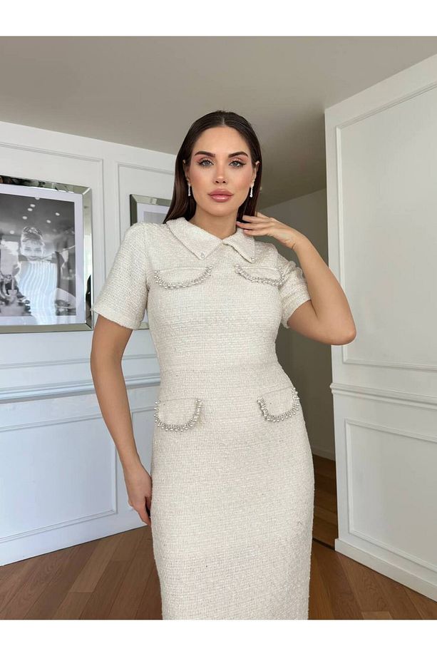 Kadın Tüvit Kumaş İnci Detaylı Astarlı Şık Elbise - 1