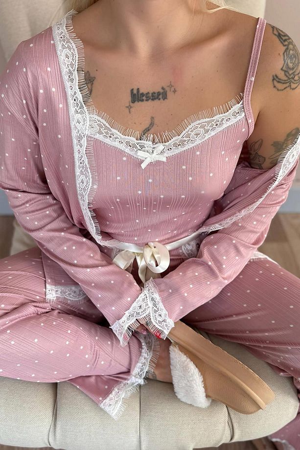 Pembe Puan Desenli Sabahlıklı Pegasus Pijama Takımı - 5