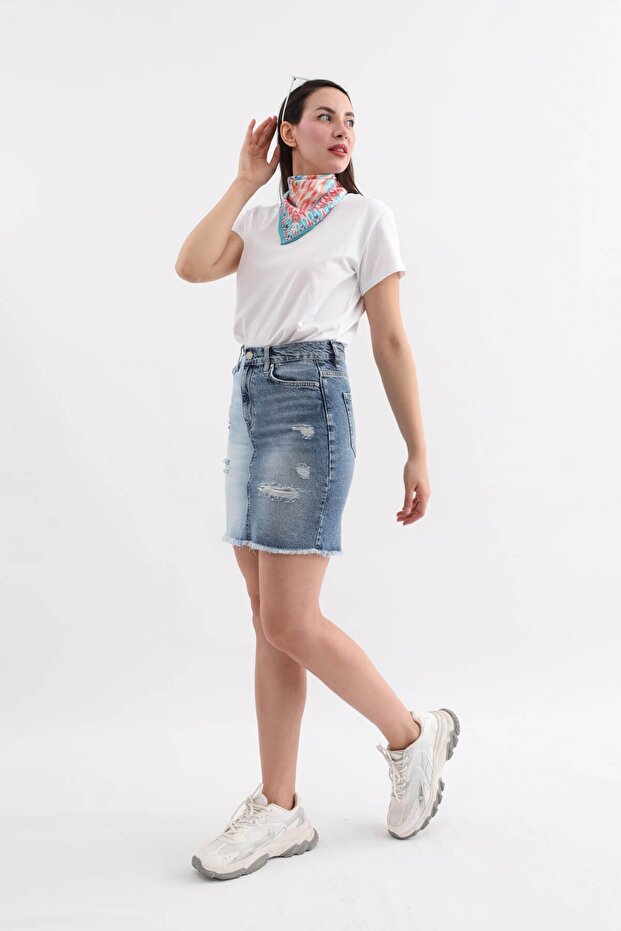 Women's Blue Color Blocked Ripped Jean Skirt Slim Fit