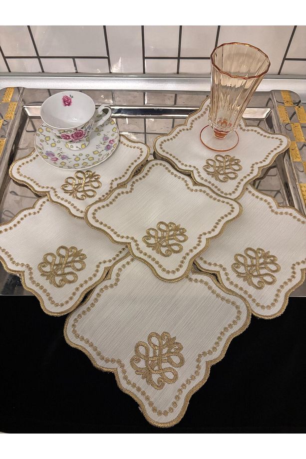 Linen Kumaş Kahve Sunum Peçetesi, Kokteyl Peçetesi, Kahve Yanı Nakışlı Kahve Sunum Yanı (6 ADET) - 5