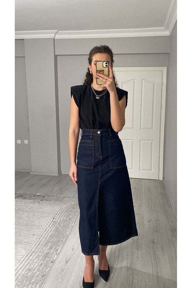 Koyu Lacivert Yırtmaçlı Denim Etek - 4