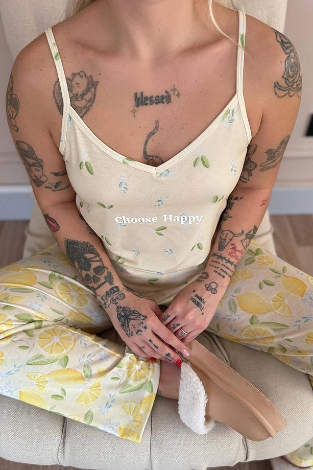 Choose Happy Baskılı Ip Askılı Örme Kadın Pijama Takımı - 6