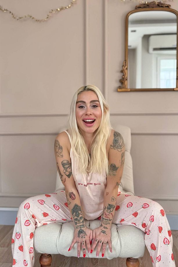 Bej Summer Time Baskılı Ip Askılı Örme Kadın Pijama Takımı - 4