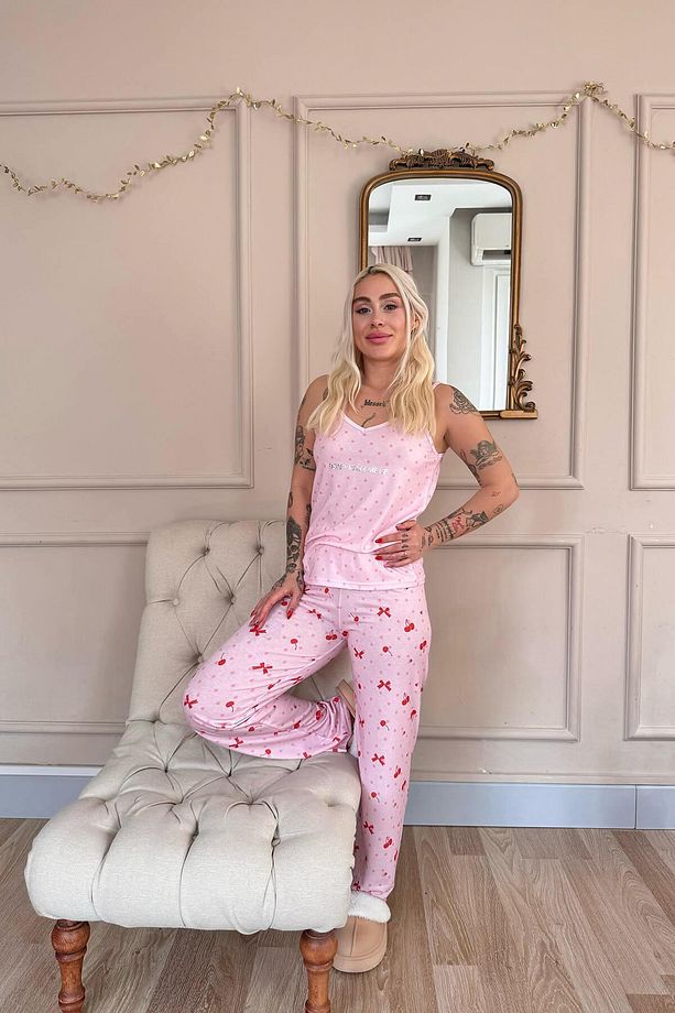 Pembe Dont Wake Me Up Baskılı Ip Askılı Örme Kadın Pijama Takımı - 7