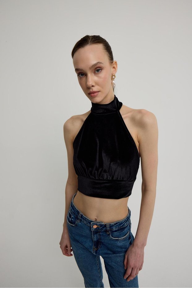 Women's Black Velvet Back Tie Halter Neck Blouse