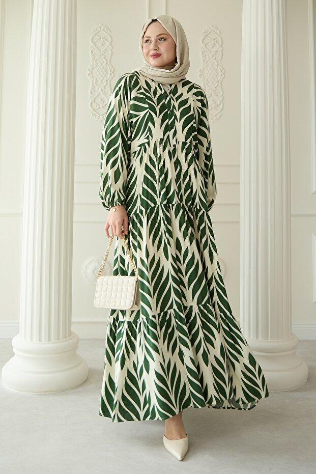Colorful Leaf Patterned Viscose Khaki Dress
