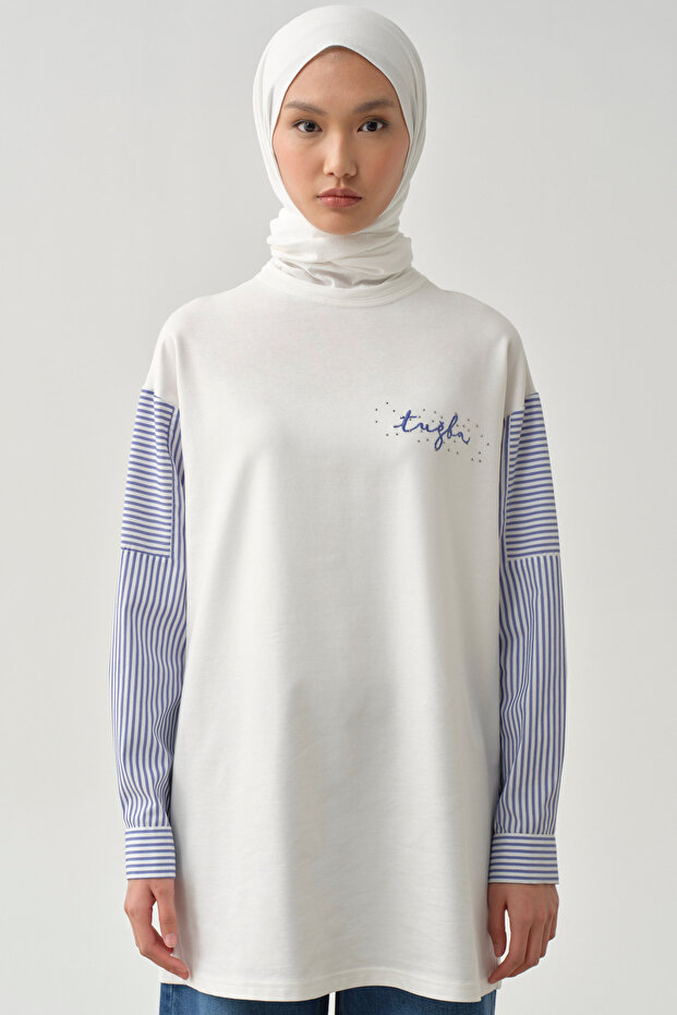 Çizgi Garnili Sweat - Ekru - 6